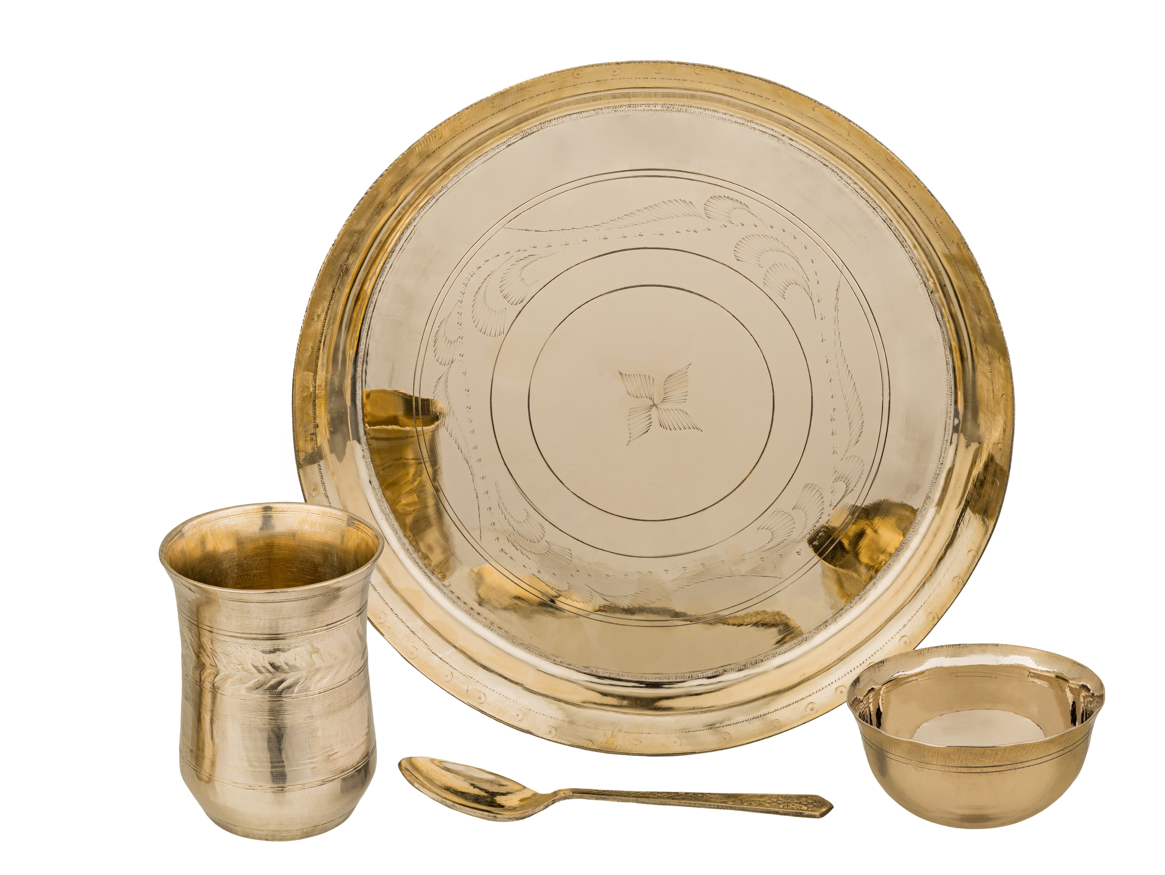 Lab verified Kansa Thali Dinner Set - Handcrafted Certificate Bronze Traditional Ayurvedic 11.5" Plate with 1 Bronze Bowls with 1 kansa glass and spoon 